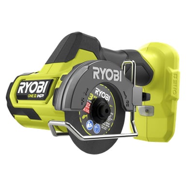 Ryobi One+ HP Cutter RCT18C-0 sladdlöst elverktyg med cirkulärt blad, svart och neongult hölje, skyddsskydd och en skiva märkt med text.