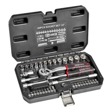 Meec Tools 40-delat hylsset med spärrspärr, skruvmejselhandtag, olika hylsor och förlängningsstänger, allt arrangerat i ett öppet svart plastfodral med specialgjutna spår och illustrerade etiketter på insidan av locket.