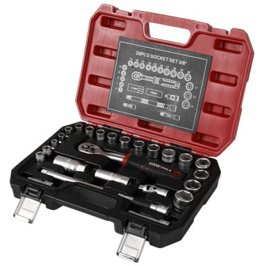 Meec Tools 25-delat hylsset i ett svart och rött plastfodral, med en hylsnyckel och olika storlekar på tillbehör samt en diagram på locket märkt 25PCS HYLSSET 3/8.