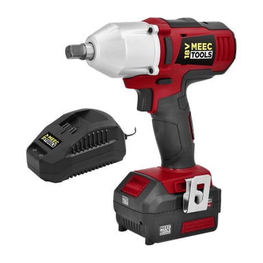 En röd och svart Meec Tools Multiseries IW-18V EASY 100 batteridriven slagnyckel står upprätt med batteriet anslutet, tillsammans med en matchande laddare bredvid. Meec Tools-logotypen finns på båda föremålen.