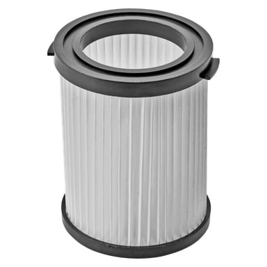Et Meec Tools HEPA-filter står oppreist, med en sylindrisk, plissert hvit overflate og solide svarte plastendekapsler.