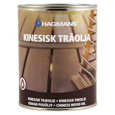 En metallburk med färg märkt Hagmans China träolja med en bild av trädäck.