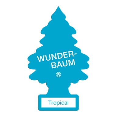 En blå, trädformad billuftfräschare från Wunder Baum med varumärket i vitt och "Tropical" skrivet i en liten vit låda längst ner.