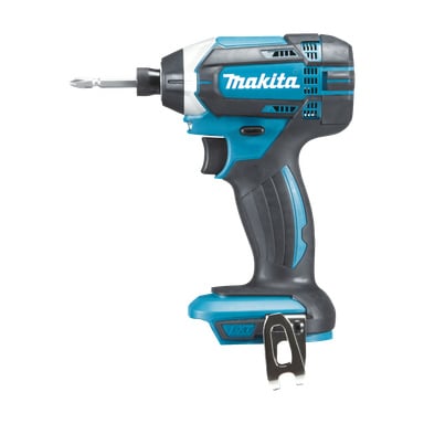 Makita DTD152Z akkukäyttöinen sininen ja musta iskukone seisoo pystyasennossa, oikealle vinossa. Siinä on metallinen vyöklipsi ja ristikoristeinen terä istussa, Makita-brändäys näkyy sivulla ja teksturoitu kahva pidon vuoksi.