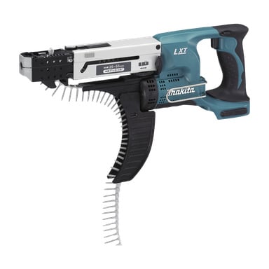 En blå och svart Makita DFR550ZX1 automatisk matningsskruvmejsel visas. Det sladdlösa verktyget inkluderar ett magasin för sorterade skruvar, vilket möjliggör effektiv indrivning av flera skruvar i följd.