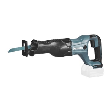 En Makita bajsåg DJR186Z med blått blad och svart handtag visas utan batteri.