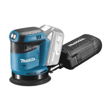 Makita DBO180Z eksentrinen hiomakone sinimustassa, varustettuna 18V litiumioniakulla ja pölynkeräyslaatikolla.