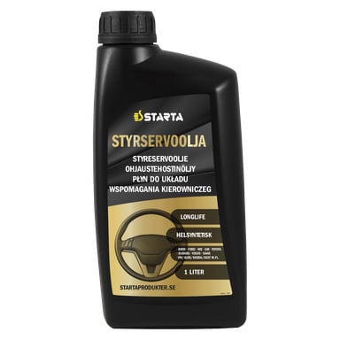 En 1-liters svart flaska Starta Power Steering Oil med en frontetikett som visar rattgrafik och produktdetaljer. Den är märkt som långlivad och lämplig för flera bilmärken.
