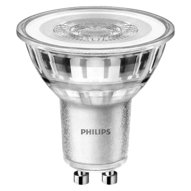 Żarówka reflektorowa Philips LED stoi pionowo, prezentując metalową podstawę z dwoma bolcami u dołu oraz fasetowaną, refleksyjną szklaną górną warstwą.