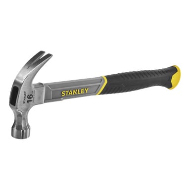 En Stanley 16-ounce klohammare med metallhuvud och svart och gult gummihandtag.