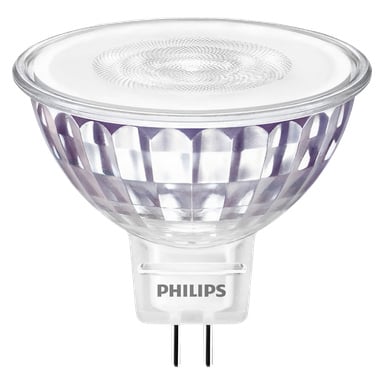 Żarówka Philips LED z ściemnianym pinem WarmGlow o przezroczystym, fasetowanym designie i dwóch metalowych bolcach u podstawy.