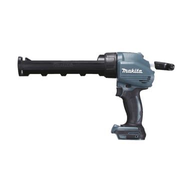 En Makita DCG180Z trådløs fugepistol i teal og svart er avbildet i profil, med Makita-logoen på kroppen. Verktøyet inkluderer et avtrekkerhåndtak og en spiss dyse for påføring av tetningsmasse.
