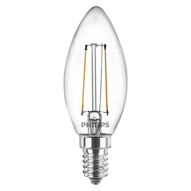 En Philips LED-ljuskrona med en transparent, ljusliknande form, som visar raka glödtrådsstavar inuti, en metallisk skruvbas och en klar glasfasad.