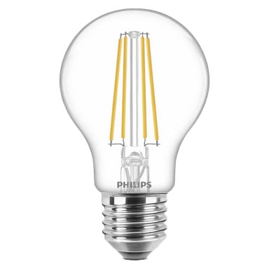 Philipsin LED-lamppu, jossa on neljä pystysuoraa keltaista filamenttia läpinäkyvän lasikuoren sisällä, Philipsin logo lampun pohjan lähellä sekä kiiltävä hopeinen ruuviliitin. Polttimo näyttää käyttämättömältä.