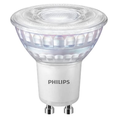 Żarówka reflektorowa Philips WarmGlow z bazą GU10 stoi pionowo. Jej góra jest przezroczysta, odsłaniając wewnętrzną strukturę, a logo Philipsa widnieje na białej sekcji poniżej.