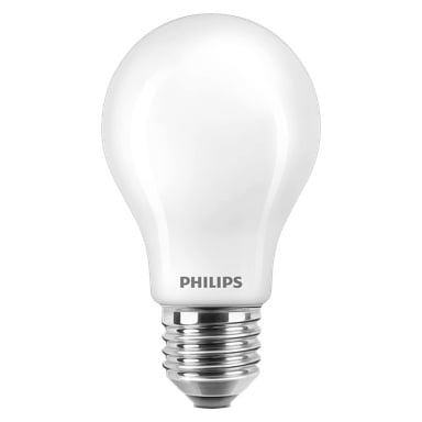 Żarówka Philips Normal LED z matową szklaną osłoną i metalową podstawą ze śrubą, pokazana stojąca pionowo.