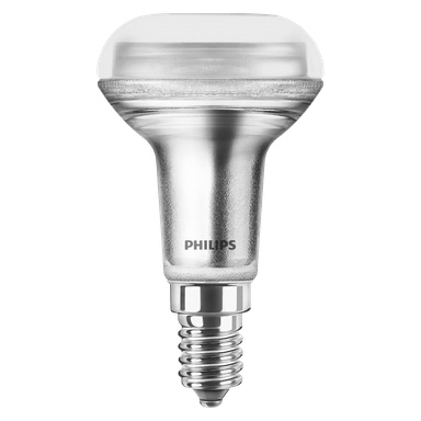 Żarówka Philips Reflector LED z srebrną podstawą, nakrętką, przezroczystą górną częścią i widoczną nazwą Philips na trzonku.