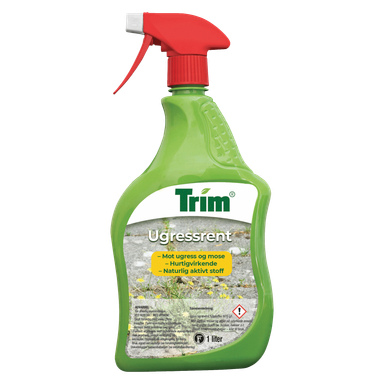 En grønn sprayflaske med Protect Gardens weed spray Trim Ugressrent viser et bilde av ugress på forsiden. Etiketten fremhever dens effektivitet mot ugress og mose, med hurtigvirkende naturlige ingredienser.