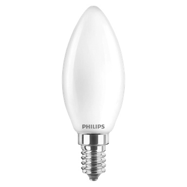 En Philips LED-ljuskrona med ljusliknande form och metallisk skruvbas visas mot en enkel bakgrund.