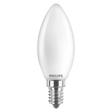 En Philips LED-ljuskrona med frostat, torpedformat glas och en metallisk skruvbas.