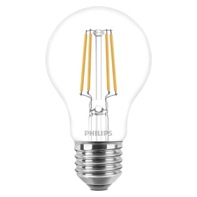 Philips Normal LED -lamppu, jossa on kirkas lasi, paljaat sisäiset filamentit ja hopeinen ruuvipohja.