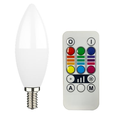 Anslut RGB/WW LED-kattokruunu, jossa on metallinen ruuvipohja, sijaitsee suorakaiteen muotoisen kaukosäätimen vieressä, jossa on värikkäitä nappeja ja erilaisia symboleja eri asetuksiin.