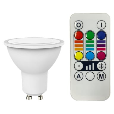 Żarówka LED Anslut RGB/WW z bazą GU10 stoi obok prostokątnego pilota wyposażonego w kolorowe przyciski, regulacje jasności i oddzielne przełączniki włącz/wyłącz.
