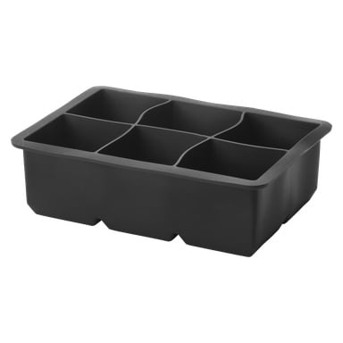 Menuett Ice-formen, store terninger XL, er et svart silikonbrett med seks rektangulære rom, avbildet i en vinkel.