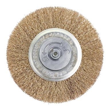 Ryobi One+ stålbørste, et sirkulært trådhjul med metallnav merket BESKYTTELSE MAX 4500 RPM.