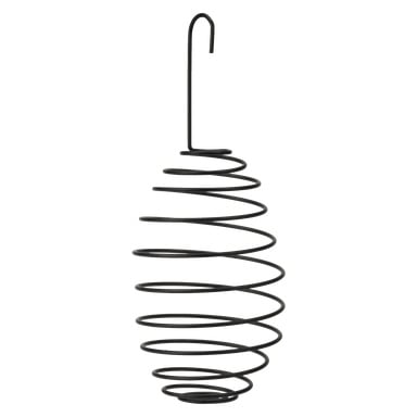 En Hard Head svart metallfuglemater designet med spiralspiral og en eggformet åpen ramme, som smalner i begge ender. Den inkluderer en toppkrok for enkel opphenging.