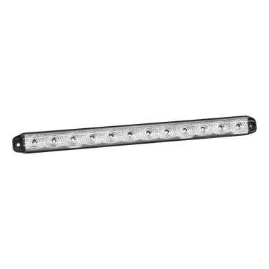 Lampa LED Hamron Front Position Light z 12 okrągłymi żarówkami ustawionymi poziomo w prostokątnej, przezroczystej plastikowej obudowie. Obudowa ma czarne końce i widoczne otwory na śruby do montażu.