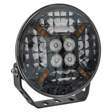Hamron Extra Light LED to okrągła lampa do jazdy z czterema centralnymi diodami LED, bursztynowych reflektorami i solidną metalową obudową. Jest przymocowany do regulowanego czarnego uchwytu z boczną śrubą do stabilnego montażu.