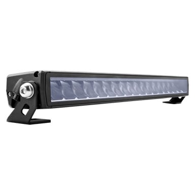 Et vinklet nærbilde av Hamron LED-lysstangen, som viser frem den slanke, svarte rektangulære rammen med et gjennomsiktig deksel, sikret med metallbraketter og ofte montert på kjøretøy eller for terrengbruk.