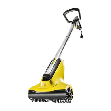 En Kärcher Terrace wash T-Cleaner PCL4, en elektrisk utomhusrengöring i gult och svart, med handtag, roterande borstar vid basen och en strömkabel ansluten till handtaget.