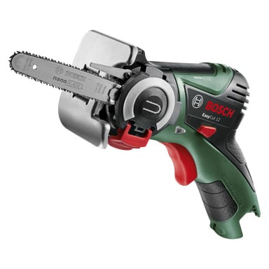 En Bosch Multi-saw EasyCut 12 Solo sladdlös mini-motorsåg med grönt och svart handtag, silverblad och skyddande skyddsskydd. Varumärkes- och modelldetaljerna visas tydligt på verktygets sida.