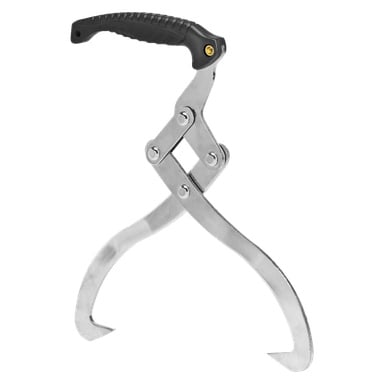 Meec Tools Lifting Tongs on metallinen tukinkantaja, jossa on musta, teksturoitu kahva ja kaksi saksisaranoitua, kaarevaa terävää vartta tukien tai polttopuun tarttumiseen ja nostamiseen.