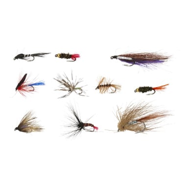 Kayoba Fishing Flies 10 Pieces presenterar en mängd konstgjorda flugor i olika former och storlekar, med färgglada fjädrar och fibrer i brunt, svart, rött, blått, lila och orange.