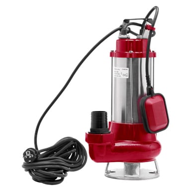 En Meec Tools nedsänkbar pump med en robust kropp i rostfritt stål och rött, svart strömkabel och kontakt samt en röd flottörbrytare monterad på sidan för att underlätta effektiv pumpning och avledning av vatten.
