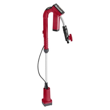 En röd och svart Meec Tools portabel elektrisk vattenpump har ett handtag på toppen, en ansluten slang och ett justerbart munstycke för att styra vätskeflödet, lämpligt för att överföra eller spraya olika vätskor.