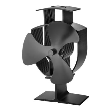 Der Anslut Stove Lüfter ist ein moderner schwarzer Metallventilator mit vier breiten Blättern und rechteckiger Basis. Er hat eine vertikale Finnenmitte und ist für den Tischgebrauch konzipiert.