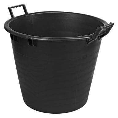 En stor, cylindrisk svart plastburk från Hard Head med två rektangulära handtag på motsatta sidor visas tom.