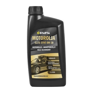 1 litran musta pullo Starta Fully Synthetic Engine Oil Elite Syntiä, jossa on kultainen ja musta etiketti, jossa on kuva autosta, jossa on kattolaatikko ja monikielinen teksti.