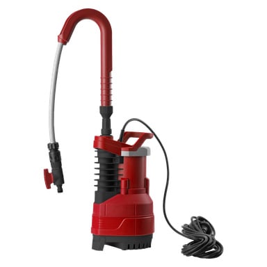 En röd och svart Meec Tools nedsänkbar pump står upprätt, utrustad med en lång svart strömkabel, ett handtag på toppen och en ansluten slang som slutar i ett munstycke.