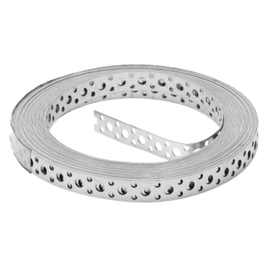 Ett spiralat hårt huvudstöd av perforerat metall har jämnt fördelade runda hål längs sin längd, vanligtvis för att förstärka eller fästa föremål vid bygg- och gör-det-själv-arbeten.