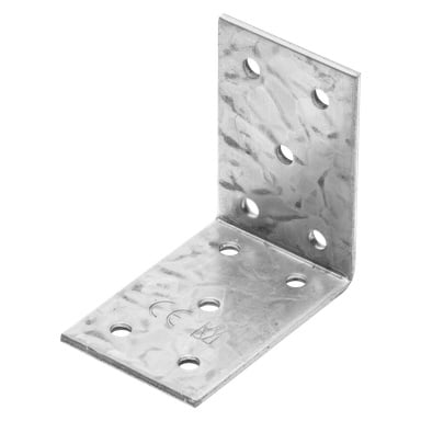 En Hard Head spikerplate-vinkel med børstet metalltekstur og sertifiseringsmerker på overflaten, dannet som en L-formet brakett med åtte jevnt fordelte hull—fire på hver side—beregnet for bygge- eller møbelprosjekter.