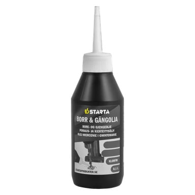 En svart flaske med Starta Drill and Thread Oil har en spiss dyse og en etikett som viser at olje helles på et bor.