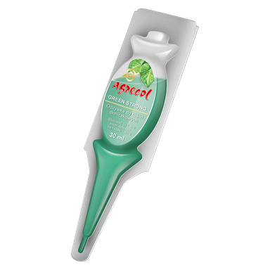 Tubka Agrecol Plant Nutrition Green Strong o pojemności 30 ml dla roślin doniczkowych w plastikowym opakowaniu z zielonym i białym etykietowaniem. Na przedniej stronie opakowania widnieje grafika liści i kropli (leaf) i kropli (droplet).