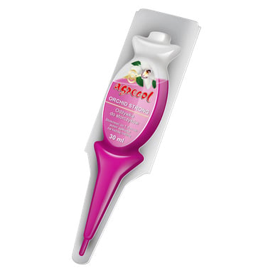 30 ml różowo-białej plastikowej butelki karmy Agrecol Orchid Nutrition dla roślin, oznaczonej do pielęgnacji storczyków i przedstawiającej zdjęcie biało-żółtego kwiatu storczyka.