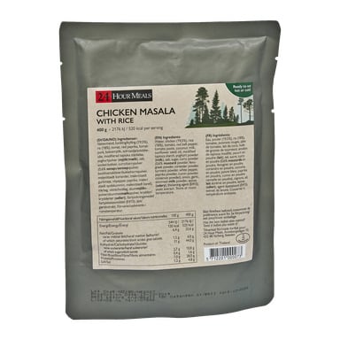 En förseglad grå påse från 24-timmarsmåltider innehåller en färdig Chicken Masala med ris, som väger 400 g. Förpackningen visar detaljer om ingredienser, näringsvärden och hur måltiden ska tillagas, och anger att den kan ätas både varm och kall.
