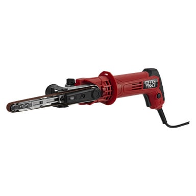 En röd och svart Meec Tools Powerfile handhållen elektrisk bandfilslipare med ett smalt slipband och synlig strömkabel.